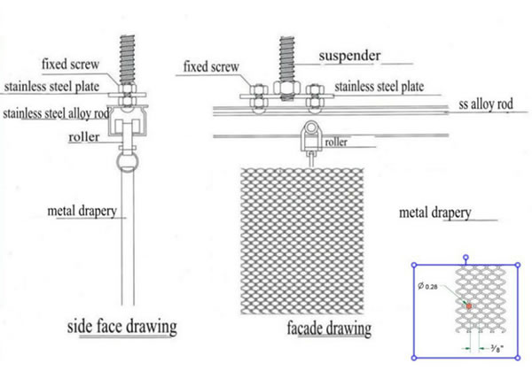 Installation of hanging metal drapery with suspender and other fittings